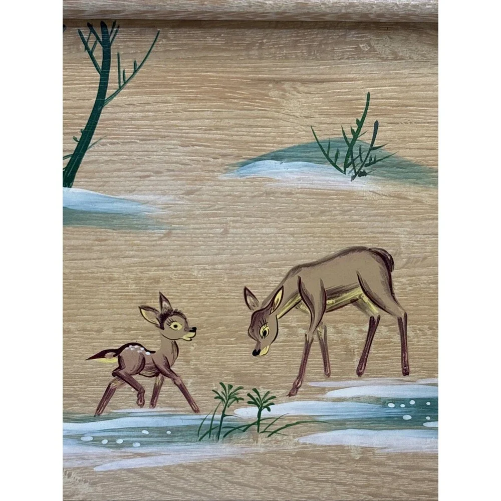 Vintage Small Wood & Metal Rectangle Serving Tray w/ Handles Deer Fawn Scene